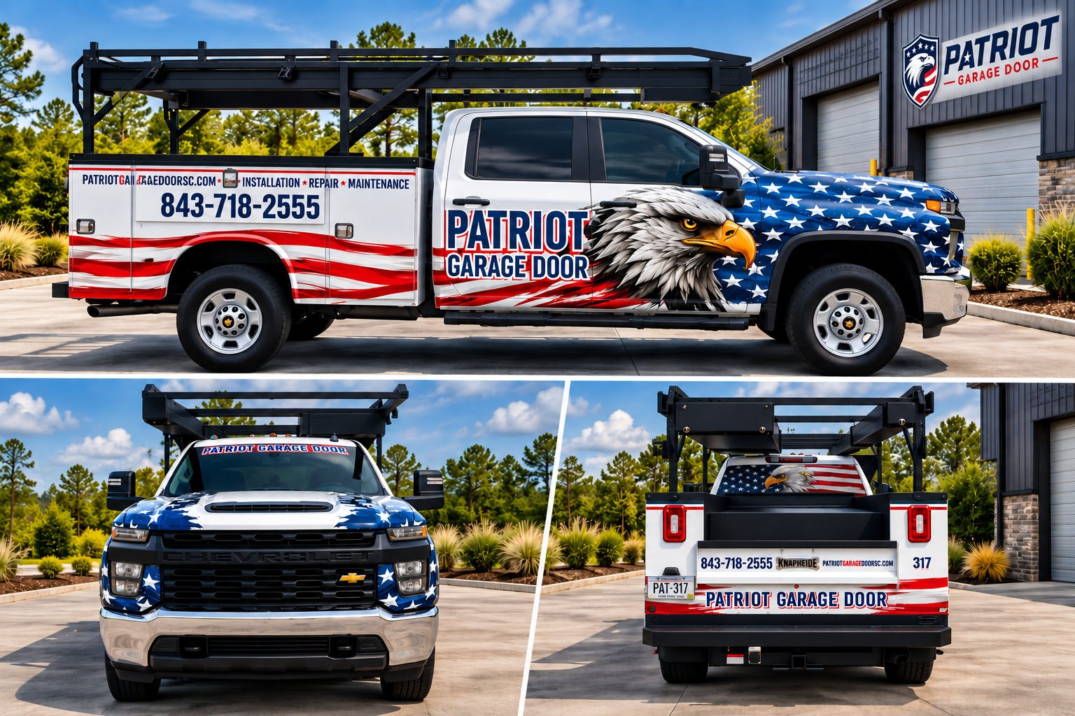 Patriot Garage Door service truck shown from the side, front, and rear